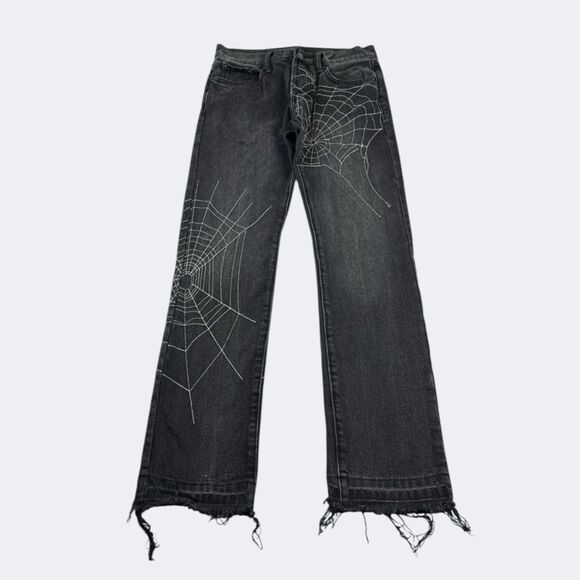 MNML Black Spider Web Jeans Black Size 29 Streetwear Grunge Distressed Button Up - Picture 1 of 12